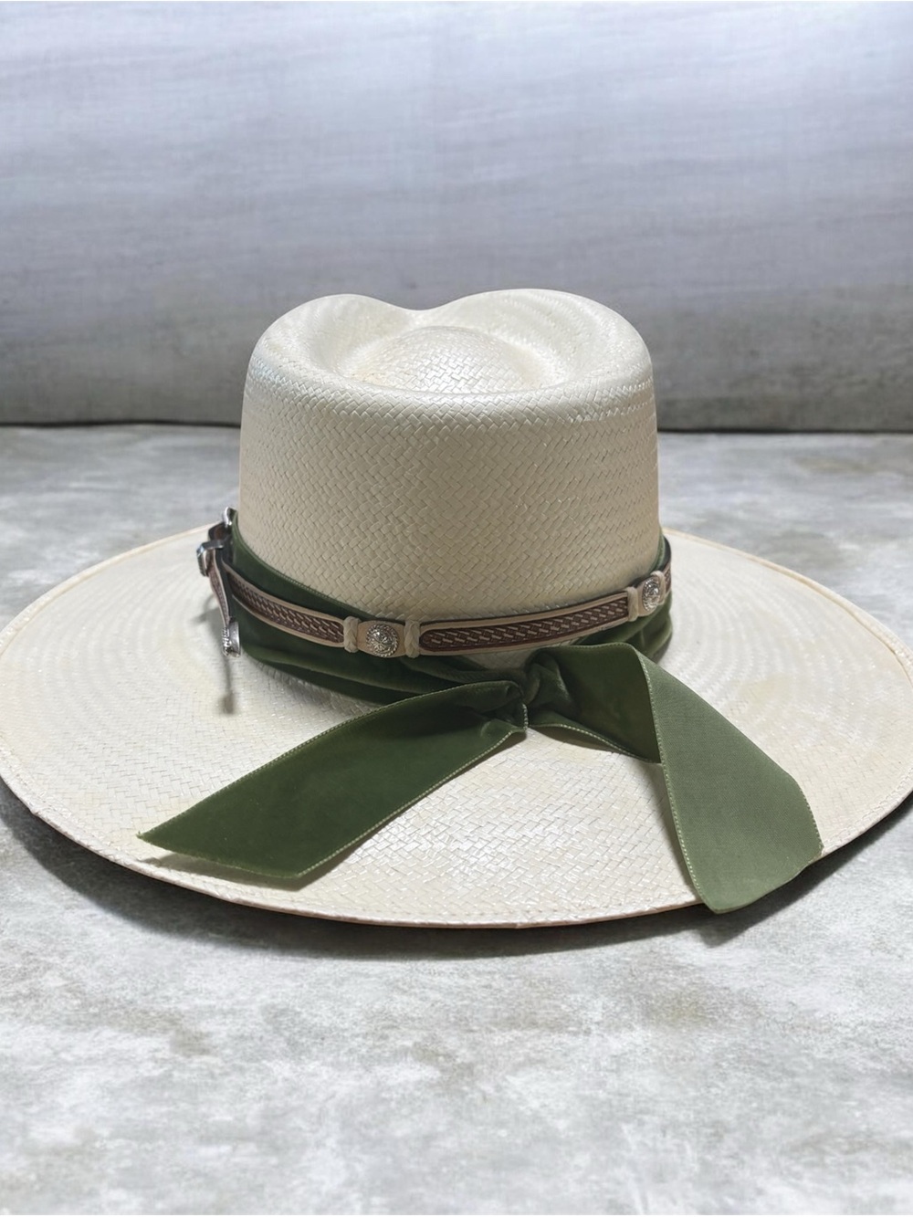 Wide Brim Straw Fedora Hat with Olive Band - Picture 3 of 3